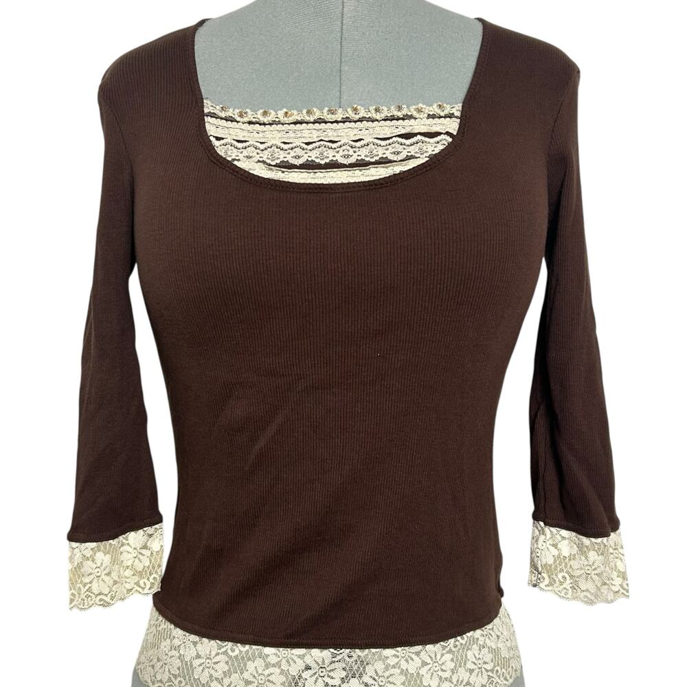Vintage Allison Brittney 100% Cotton Brown Lace Beaded Blouse Size S